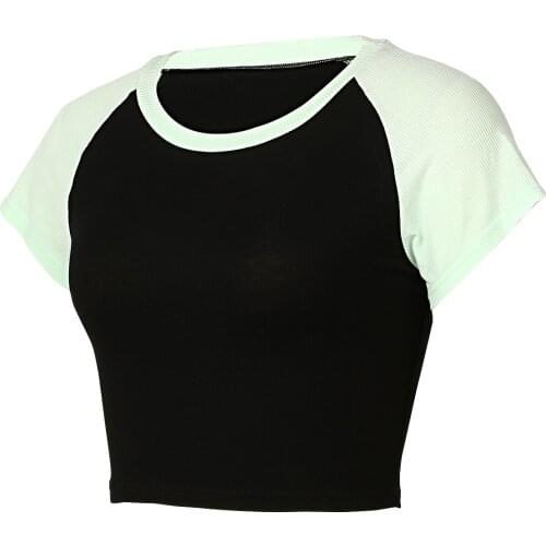 Womens Summer T-shirt Color Block Round Neck Short-Sleeved Crop Tops for Party Travel Vacation Shopping