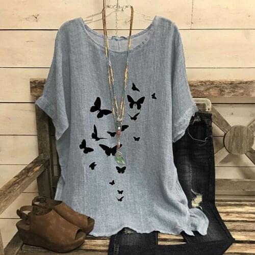 2021 Woman Vintage Cotton and linen O-Neck Short Sleeve Sun and butterfly print Color Tops T-shirts рубашка женская Loose