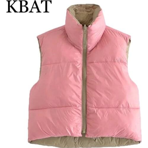 KBAT Women 2021 Fashion winter Zip-up Reversible Padded Vest Coat Vintage High Neck Adjustable Hem Female Waistcoat Chic Tops