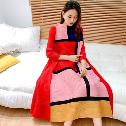 Issey miyake pleated women dress autumn 2021 new design niche elegant casual plus size ruched vintage long dress