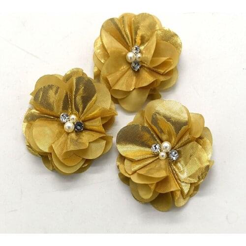 120 pcs/lot , 3'' shabby shiny flower , shiny chiffon flower with pearl and rhinestone headband accessories