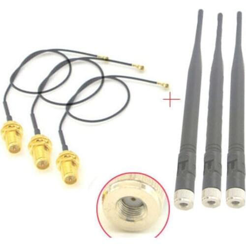 3 piece/lot 5dBi 2.4GHz RP-SMA Male Wifi Antenna + IPX to RP-SMA Jack Male Pin Extension Cord Pigtail Cable 17cm