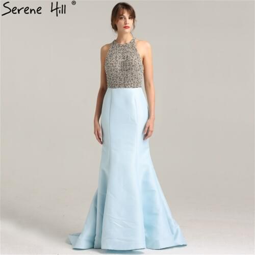 Sleeveless Luxury Beading Crystal Elegant Evening Gown Sky Blue Mermaid Fashion Formal Evening Dress 2020 Real Photo LA6256