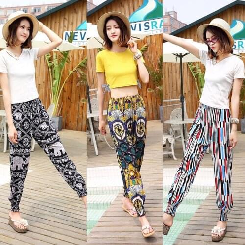 Summer Women Anti-mosquito Pants Loose Artificial Cotton Silk Pants Thin Nine-point Knicker Beach Harlan Pants
