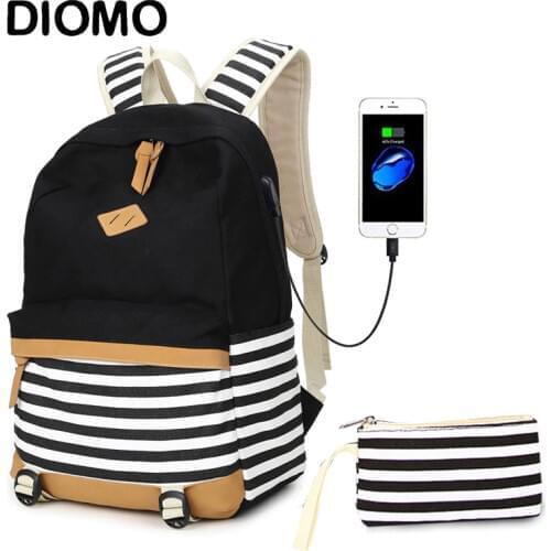 DIOMO USB Charging School Bags for Girls Canvas Cotton Fabric Fashion Striped Backpack for Children Bag Pack Schoolbag