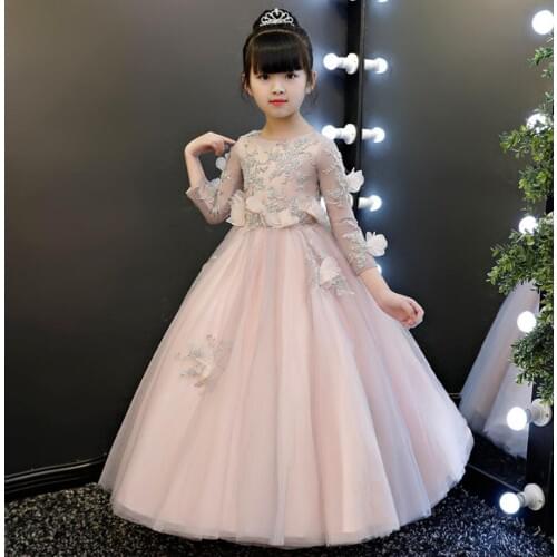 Elegant Appliques Tulle Flower Girl Dress For Wedding Long Sleeve Kids Princess Party Prom Dress Girls First Communion Dresses