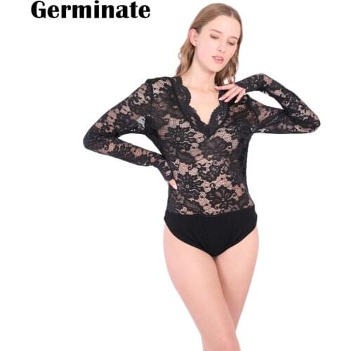 Lace Long Sleeve Bodysuit Women Black Sexy Fishnet Mesh Elegant Party Fashion Bodycon Backless Bodys Jumpsuits Female Plus Size