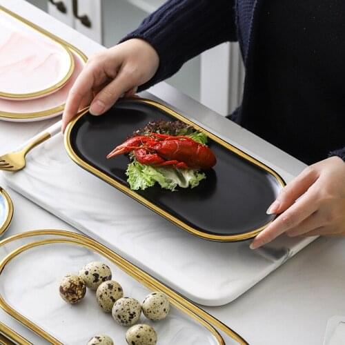 Nordic Marble Ceramic Plate Oval Snack Plate Home Storage Bedroom Tabletop Decoration Ring Holder Jewelry Plate Trinket Tray