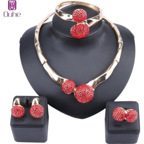 Women Red Crystal Wedding Necklace Earring Bangle Ring Jewelry Sets For Bride Party Costume Accessories Decorations