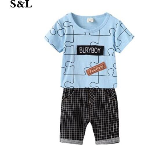 Summer Boy Set Geometric Puzzle Pattern Short Sleeve T-Shirt with Plaid Pants 2 Piece Se