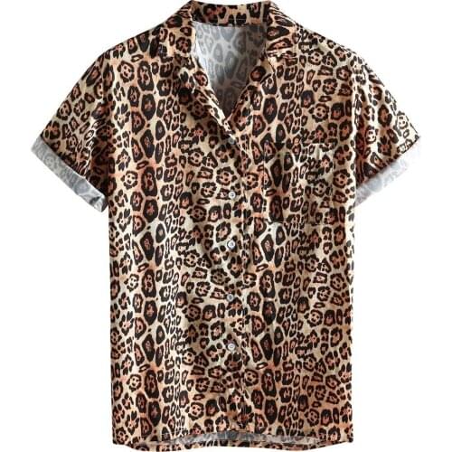Summer Short Sleeve Leopard Print Shirt Men Lapel Neck Loose Button Blouse Breathable Streetwear Sexy Shirts Men Camisas Hombre