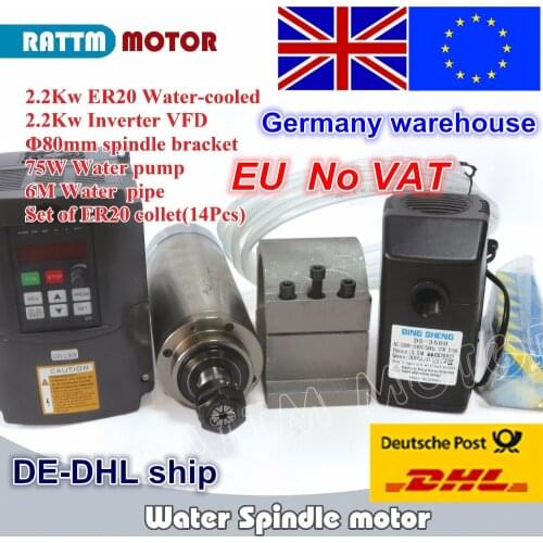 EU Free VAT 2.2KW Water cooled spindle motor ER20 & 2.2kw Inverter 220V VFD & 80mm clamp & Water pump/pipes & 1 set ER20 collet