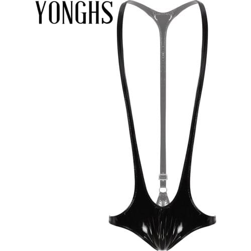 Mens Lingerie Sex Wrestling Singlet Bodysuit Wet Look Patent Leather Open Chest Racer Back Jockstrap Leotard Underwear Jumpsuits