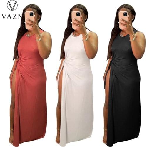 VAZN 2021 Latest Style Elegant Long Dress Solid Spit Top Sexy Club Simple Tank Sleeve Women For Evening Robe