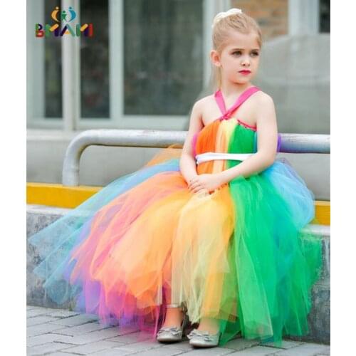 2021 Newest Rainbow Flower Girl Tutu Dress Tulle Girls Costumes Easter Rainbow Dress For Rainbow Colorful Themed Weddings 1PC