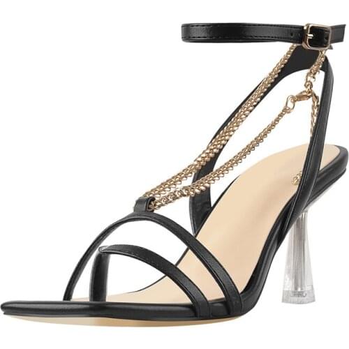 Richealnana Square Toe High Heels Sandals Matte Black Metal Chain Decoration Flip Flops Ankle Buckle Clear Metal Heel