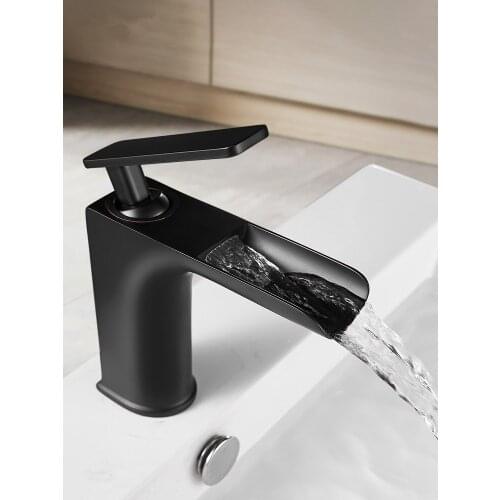 Basin Faucet Solid Brass Bathroom Sink Mixer Tap Hot & Cold Single Handle Deck Mounted Lavatory Waterfall Crane Tap Black/Chrome
