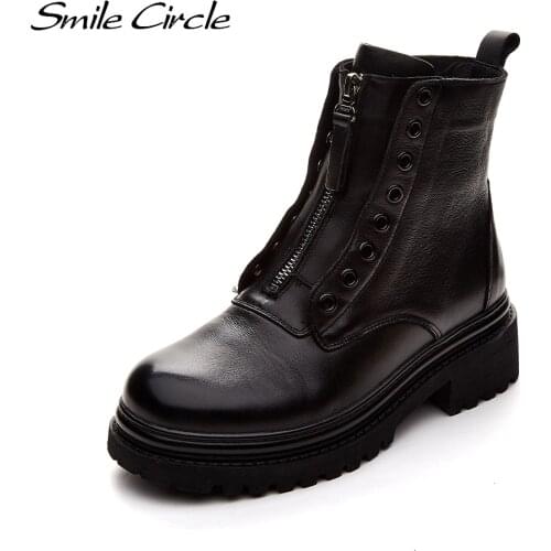 Smile Circle Autumn Ankle Boots Women Black Platform Boots Cow Leather Fashion Casual zipper Ladies Shoes Short Boots 2021