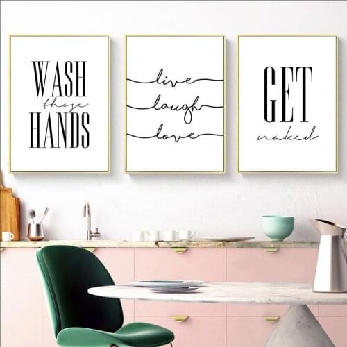 Modern Black White Wash Hands Save Water Quote Canvas Painting Print Get Naked Quote Wall Art Home Decor Bathroom Poster