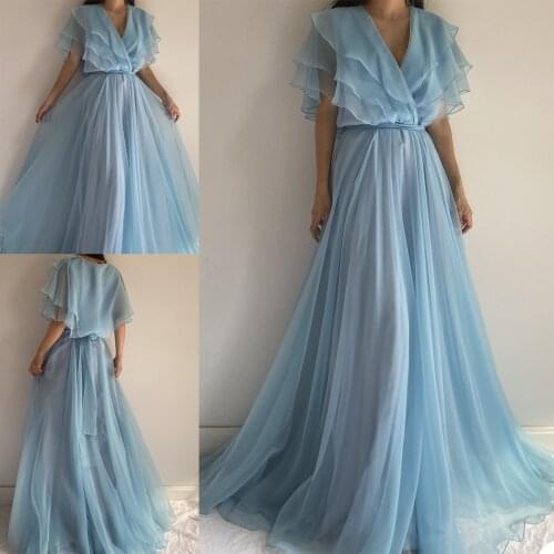 Fog Blue Tulle Homewear Custom Made Long Sleeves Formal Nightwear with Sweep Length Homewear