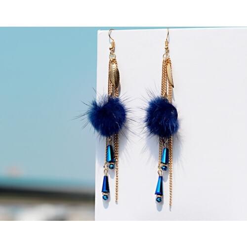 Fashion Women Blue Ball Pom Pom Earrings Handmade Classic Elegant Gold Long Chain Tassel Ladies Dangle Earrings Hangers