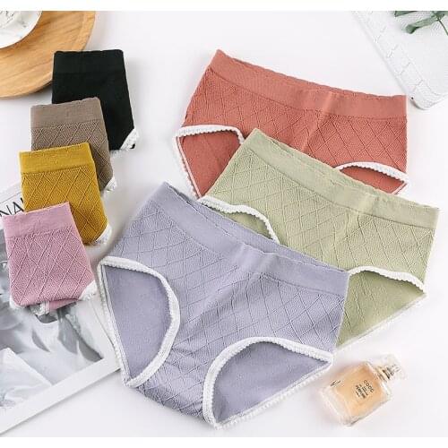 3PCS Womens Underpants Soft Cotton Panties Girls Solid Color Lace Briefs Panty Sexy Lingerie Female Underwear One Size Panty