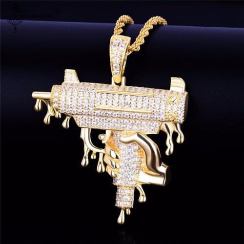 Bling Cubic Zirconia Uzi Gun Pendant Hip Hop Iced Out Submachine Gun Necklace For Men Hand Holding Dripping Gun Rock Jewelry