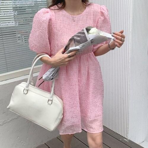 One Piece Pink Princess Dresses For Women Summer Short Sleeve Chic Streetwear Mini Dress Sexy Puff Sleeve Slim Prom Femme Dress