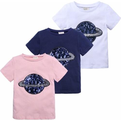 Kids Summer Short Sleeve Tshirts Baby Girls Boys Brand Cotton Tops Cartoon Sequin Design Unisex Clothes MBT105