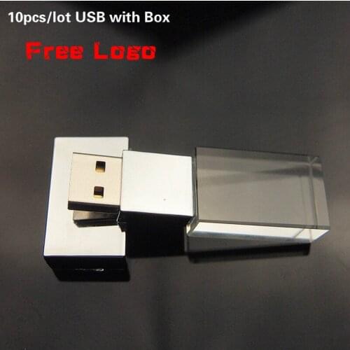 Free Logo 10pcs/lot 32GB 64GB Glass Crystal USB Flash Drive 2.0 with LED Light 4GB 16GB Memory Stick Photography Gifts Pen drive