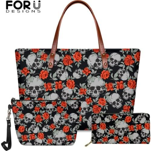FORUDESIGNS Red Goth Sugar Skull with Rose Print Handbags for Womans Large Capacity Shoulder Bag Purse Make Up 3Set Sac Femme