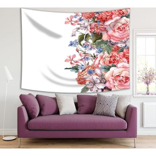 Tapestry Blooming Roses Hyacinths and Wild Flowers Summer Flower Garden Vintage Style Romantic Art Pink Green Blue