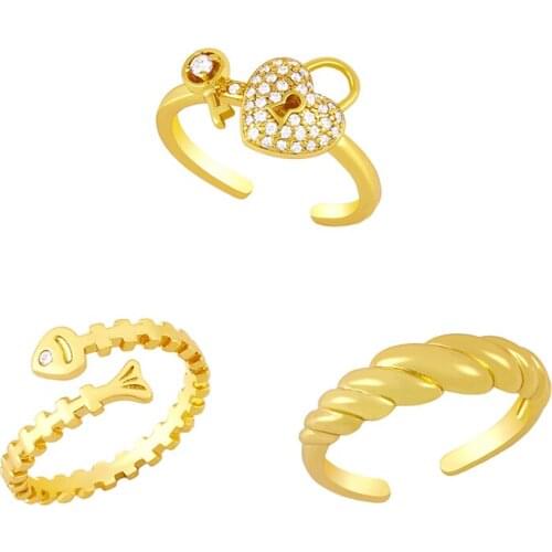 Dainty Gold Color Fish Bone Open Ring Hip Hop Love Heart Lock Key Finger Ring For Female Wedding Engagement Party Jewelry Gift