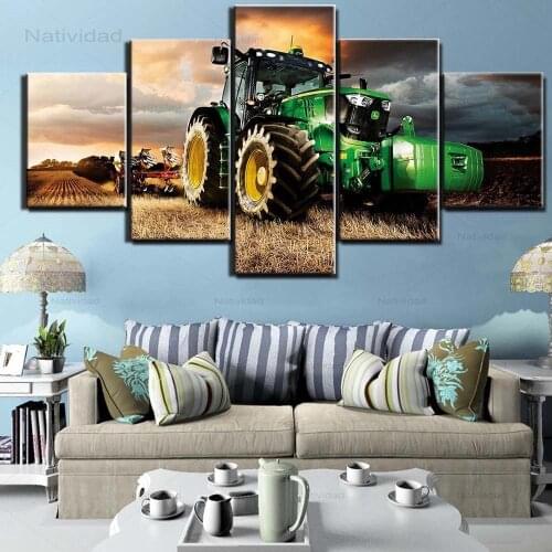 Green Tractor Bus Picture 5 Pieces Hd Printed Canvas Painting Wall Art Home Decor Modern Poster and Prints for Living Room