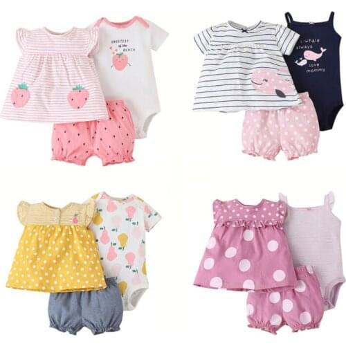 Baby Girls Clothing Set Cartoon Floral Polka Dot Printed 2 Rompers Tops+1 Casual Shorts Set Baby Clothing Outfits 0-24M 2021