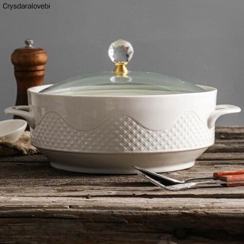 Creative Nordic Ceramic Handle Salad Fruit Soup Bowl With Lid Anti-scalding Noodle Rice Food Pot Dessert Breakfast Oat