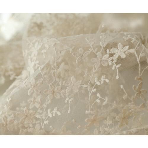Ivory Lace Fabric, Embroidered cotton fabric lace, retro floral lace fabric MF172