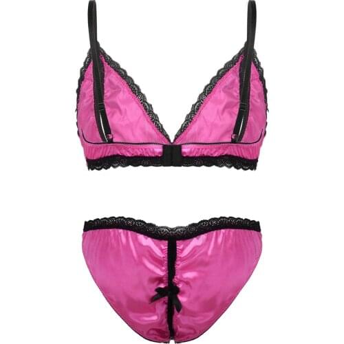 2Pcs Mens Sissy Silky Satin Lace Trim Lingerie Set Deep V Neck Nipple Splits Bra Top with Low Rise Crotchless Briefs Underwear