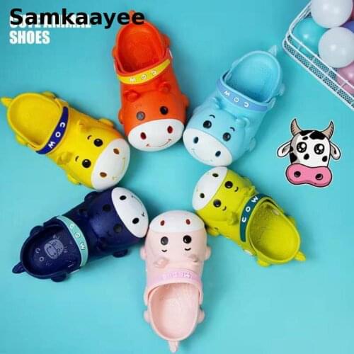 2-10y Kids Mules Clogs Summer Baby Boys Girls Sandals Flat Heel Cartoon Cow Beach Slippers Children Animal Cute Garden Shoes Y18