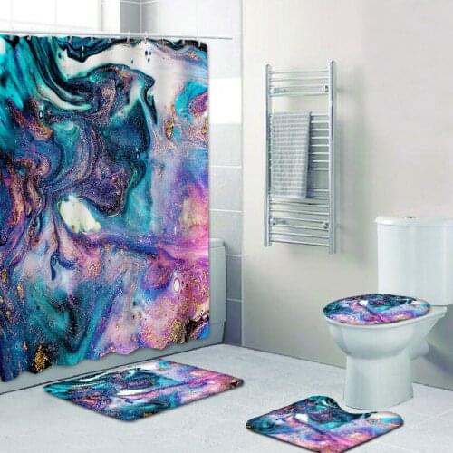 High Quality Light Luxury Style Marble Texture Bathroom Set Quicksand Marble Toilet Lip Cover Bath Rugs Shower Curtain Set 4pcs