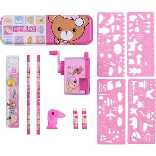 All-in-One School Stationery Set Pencil Eraser Pencil Case Sharpener Ruler School Supplies Gift Stationery Set for Kids Girls