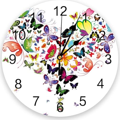 Colorful Butterfly Heart-Shaped Wall Clock Round Style Fashion Modern Design Wall Clock Home Living Room Bedroom Decoration