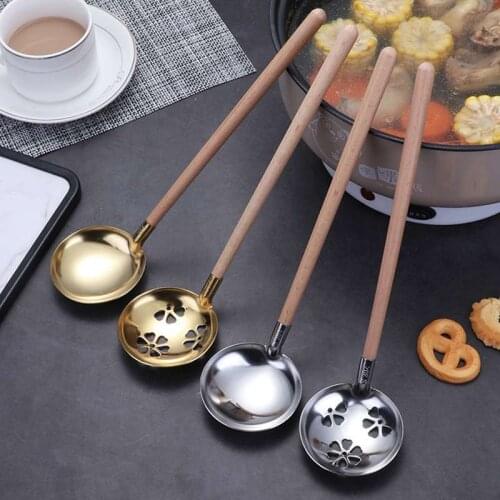 Stainless Steel Soup Spoon Japanese Style Wooden Handle Soup Spoon Colander Hot Pot Drain Spoon Kitchen Cooking Spoon