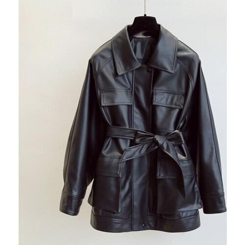 Fashion Women Leather Jacket Medium Long Autumn Vintage Faux Pu Leather Coat Loose Motorcycle Jackets Tie Belt Waist Outfits