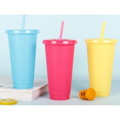 Plastic Straw Cup Flash Powder Water Bottle With Straws Lid Plastic Reusable Personalized Drinkware Coffee Drinking Cup Outdoor