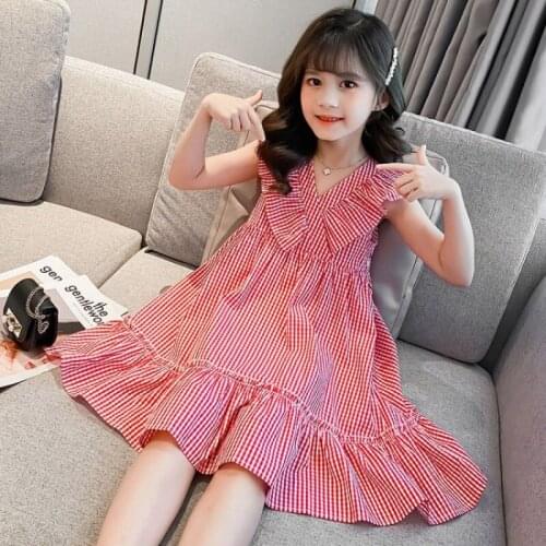Girls Sleeveless Dress 2021 Summer New Teen Kids dress Square Lattice v-neck Dress Childrens Campus College Long Cotton Dress
