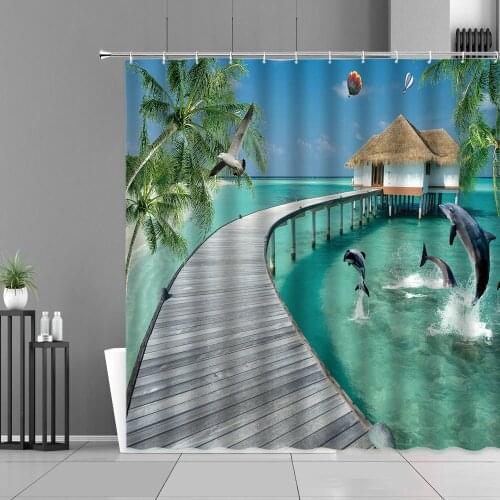 Beach Scenery Dolphin Shower Curtain Tropical Coconut Tree Bird Sea Ocean Home Bathroom Decor Curtains Waterproof Bath Screen