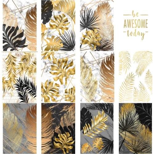 Golden Black Painting Poster Decoration For Home Living Room Decor Aesthetic Wall Art Canvas,Monstera Leaf Feather Modern Print