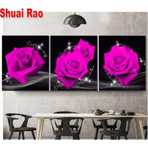 Diy 3pcs diamond painting Rose flower triptych mosaic cross stitch 5d embroidery full square round drill decoration icon