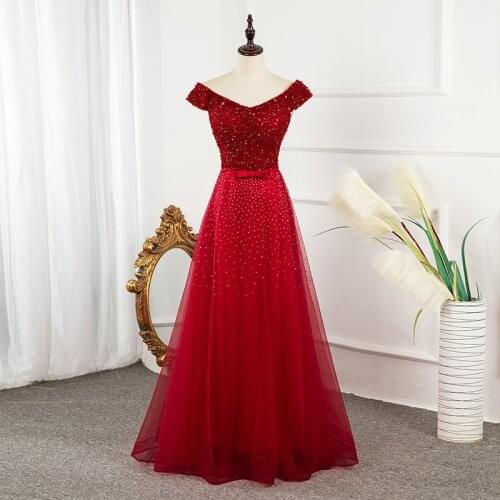 Evening Dress 2020 New Fashion Wedding Party Dress Wine Red Banquet Dresses Beading Sexy Off the Shoulder Prom Dress a Line